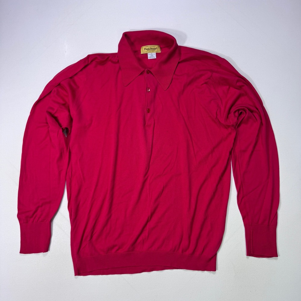 Paul Stuart Mens Sea Island Cotton Polo Sweater Red Long Sleeve England Large